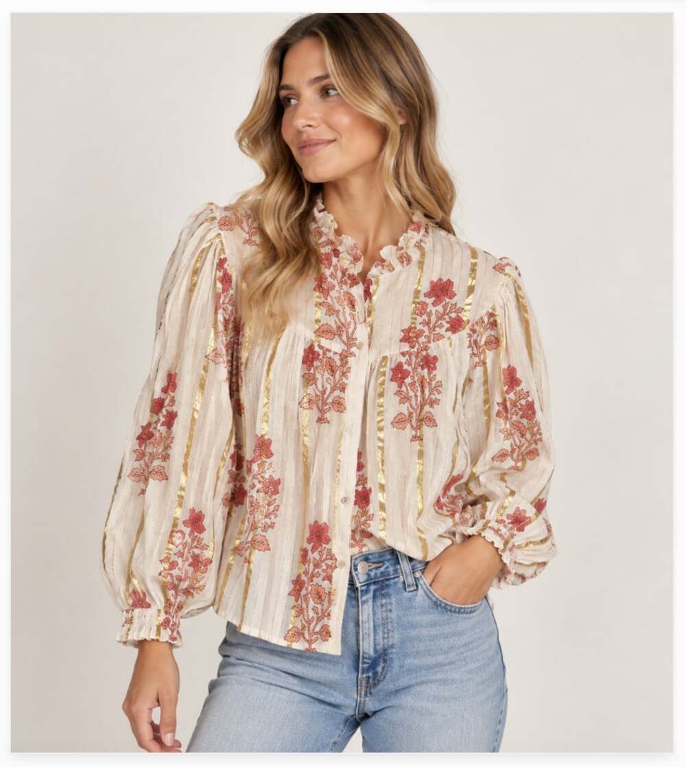 Clara The Label Blouse Womens M Multicolor Floral Metallic Stripe Boho Top